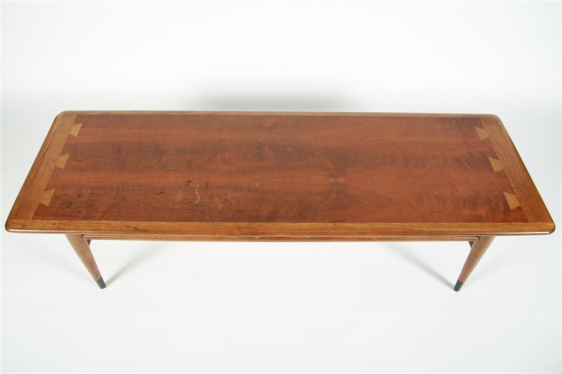 Lane Acclaim Cocktail Table: Designed by Andre Bus. "Acclaim" Cocktail Table. Walnut. 1961. Distributed by Lane Furniture. Model: 900-01. Height: 14 1/2" Length: 56" Depth: 19". Walnut long cocktail table from the "Acclaim" serie