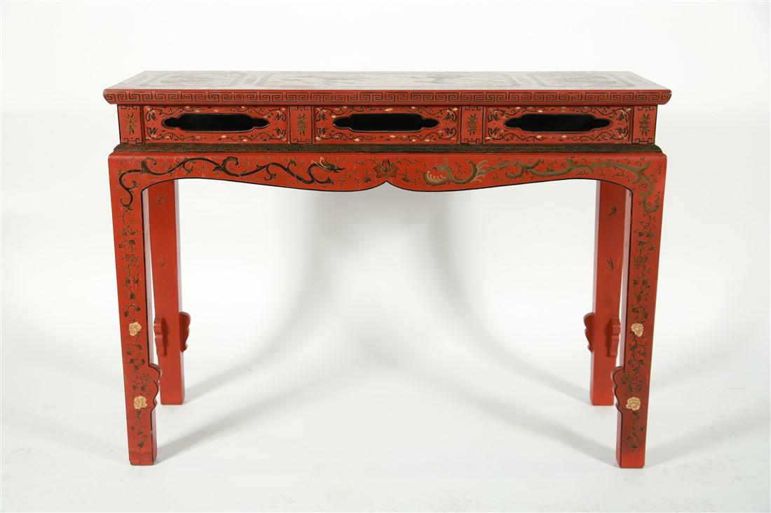 Red Painted Chinese Altar Table: Lacquered wood. Height: 36 1/4", Length: 49 1/2", Depth: 16 1/4". Hand-lacquered cinnabar red altar table featuring dragons and birds in flight on the tabletop. Entire table features floral and geomet