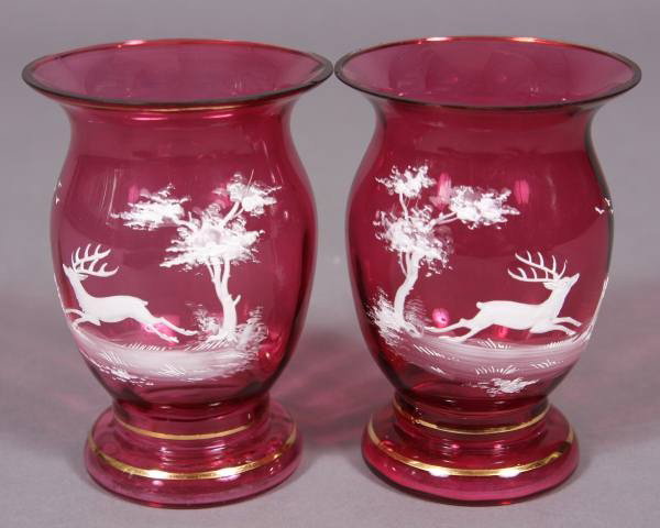 Pair Ruby Glass and Enamel Decorated Vases, E. 20th C.: Pair ruby glass and enamel decorated vases. Continental, early 20th century. Decorated with deer. Height 5 1/2". Condition: Appears fine.