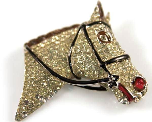 Vintage Coro Enamel and Rhinestone Horse Head Broach: Vintage enamel and rhinestone horse head broach. Made by Coro. 2 1/2" x 2 1/2".