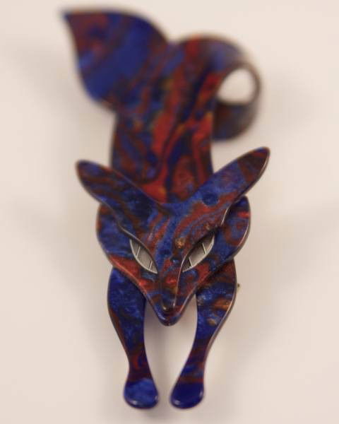 Lea Stein Paris Red and Blue Lucite Fox Pin: Ladies pin made by Lea Stein Paris. Red and blue lucite, 4 1/2" x 1 3/4". Pin back marked "Lea Stein Paris".