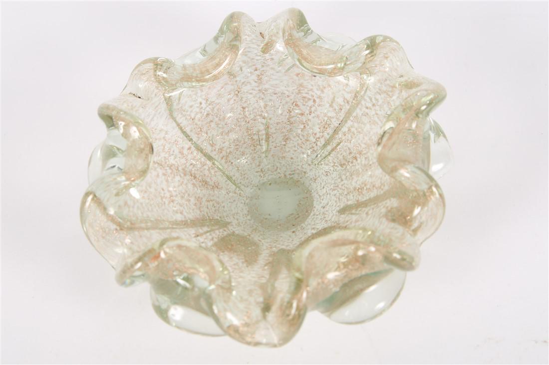 Clear and Copper Glitter Art Glass Ashtray Bowl: Glass. Height: 3", Diameter: 7". Clear glass form with flower-like shape and inclusions of sparkling copper color. No apparent markings.