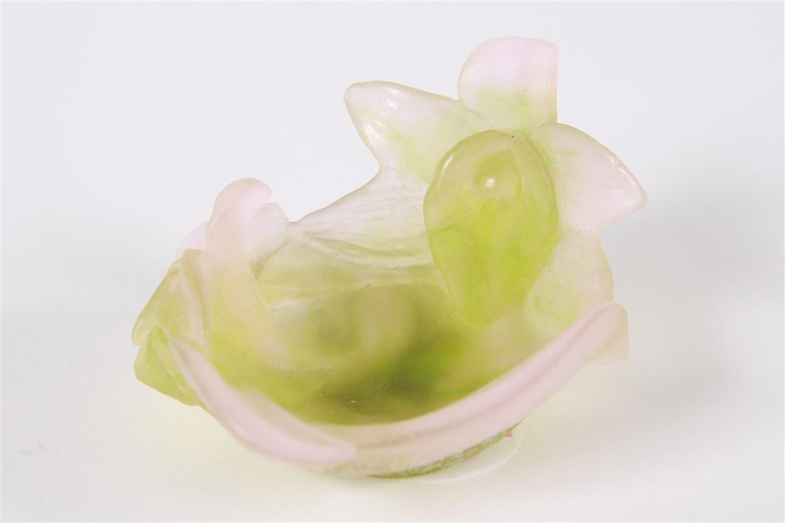 Daum, Frosted Glass Floral Pate de Verre Dish: Daum (French, est. 1878). Glass. Height: 1 3/4", Length: 3 1/2", Depth: 2 5/8". Frosted pink glass trinket dish with light green accents. Signature to underside.