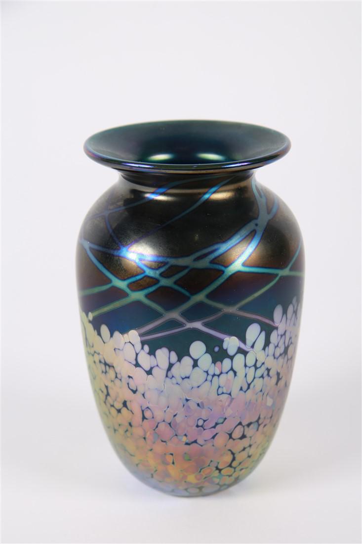 Elaine Hyde, Confetti Amphora Vase: Elaine Hyde (American, 20th/21st century). Glass, 1996. Height: 6", Diameter: 3 3/4". Iridescent blue vase with metallic speckles. Signature and date to underside.