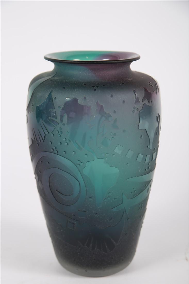 J. Kepkiewics & H. Wood, Frosted Art Glass Vase: Heather Wood and John Kepkiewicz (Canadian). Glass, 1995. Thorn Glass. Height: 9 1/4", Diameter: 5 1/4". Frosted purple and green glass vase with areas of clear glass in the shape of winged envelopes,