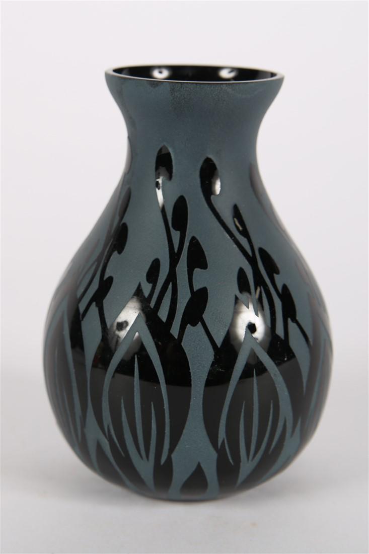 Kelsey Murphy, Black on Black Cameo Glass Vase: Kelsey Murphy (American). Glass. Pilgrim Art Glass. Height: 6", Diameter: 4". Black on black art glass vase by Kelsey Murphy for Pilgrim Art Glass. Etched signature to the underside.