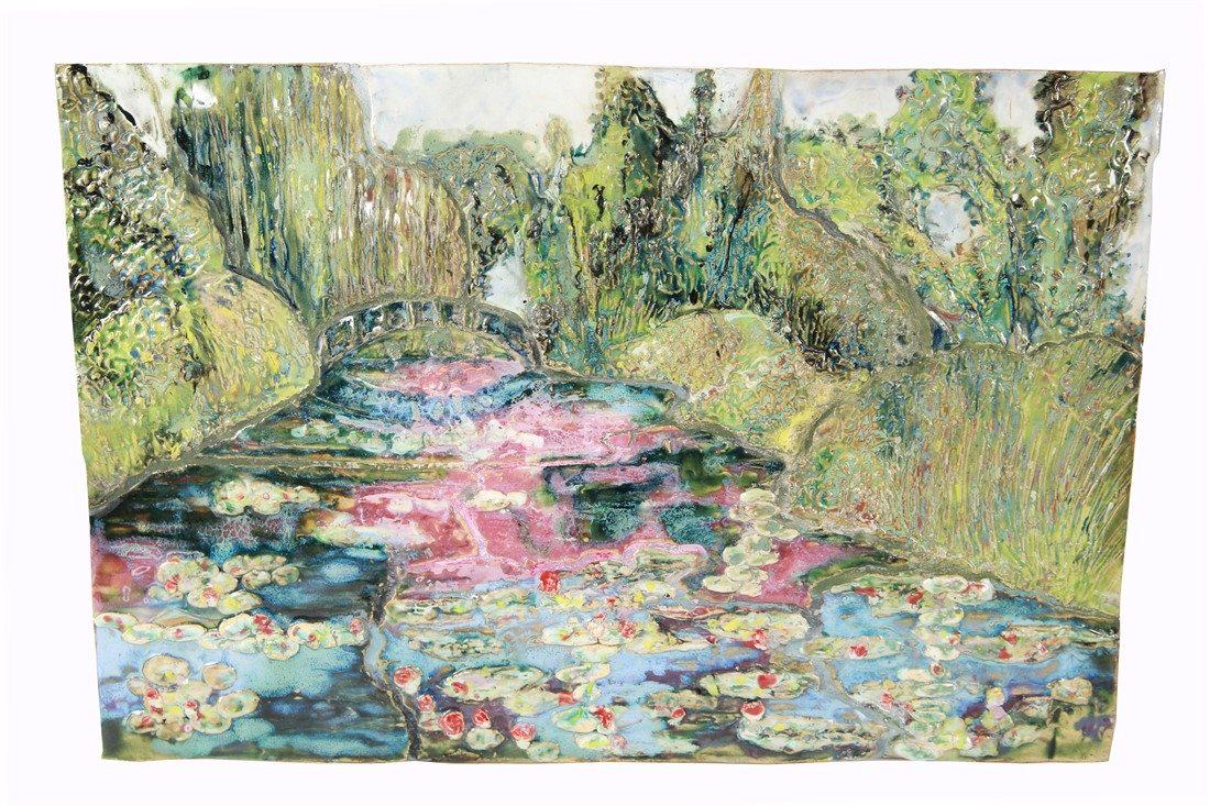 Monet-Inspired Water Lilies Art Glass Panel: Glass, wood, 2006. Height: 16 5/8", Length: 24 1/2". Art glass scene inspired by Monet's water lily scene mounted to wood. Signature and date to the reverse. Hardware for hanging.
