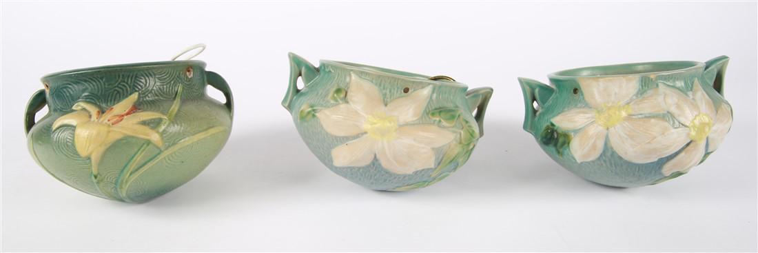 Roseville Pottery, 3 Teal Hanging Planters (1 of 10)