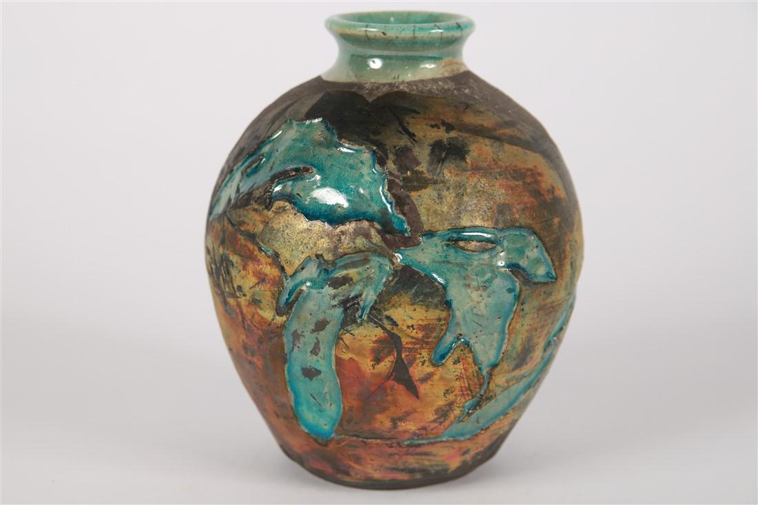 Stan Baker, Michigan Outline Great Lakes Raku Vase (1 of 4)