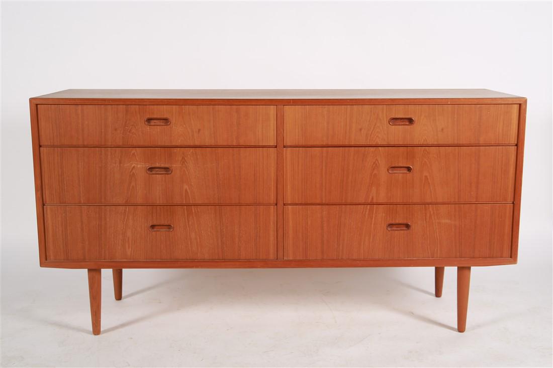 Arne Wahl Iversen, Teak Six-Drawer Dresser: Arne Wahl Iversen (Danish, 1927-2016). Teak. For Falster Mobelfabrik. Height: 31", Length: 59 3/4", Depth: 17 3/4". Teak six-drawer dresser by Arne Wahl Iversen for Falster Mobelfabrik. Metal tag insi