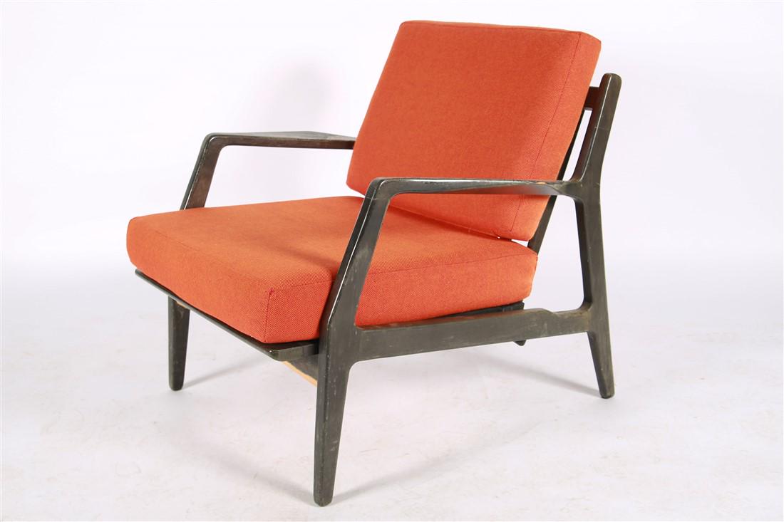 Attrib. Ib Kofod Larsen for Selig, Lounge Chair: Attributed to Ib Kofod Larsen. Walnut, upholstery. Height: 27 1/4", Length: 30 1/2", Depth: 33". Painted walnut frame chair made in Denmark attributed to Ib Kofod Larsen for Selig. Stamped "Made in De