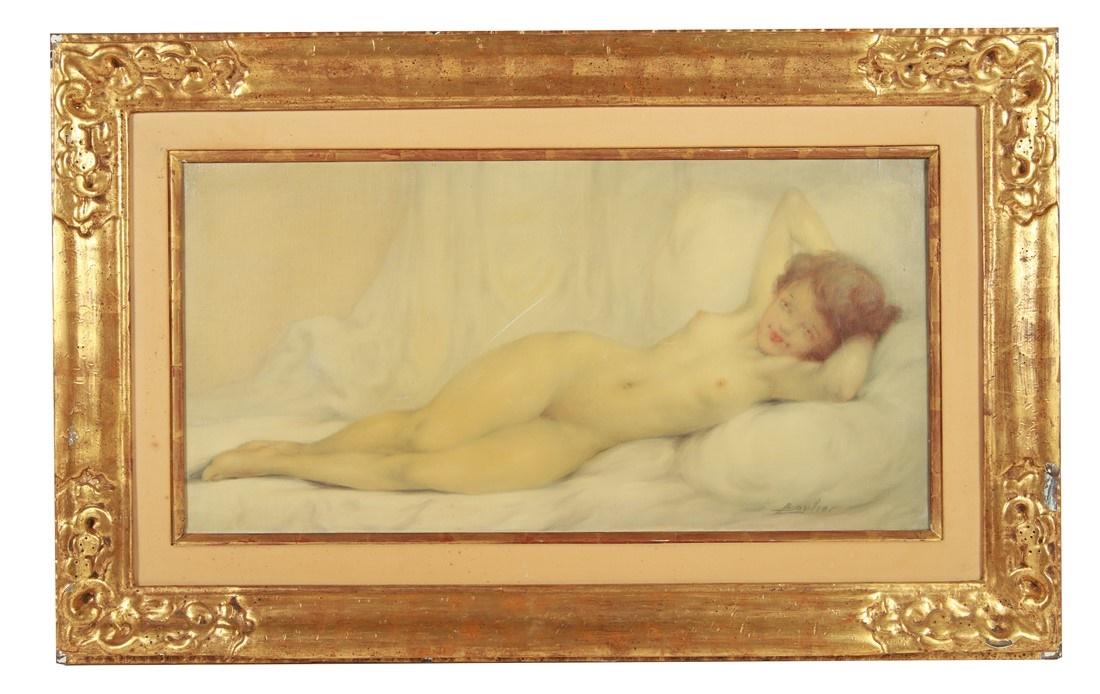 Lucien Boulier, "Nude" Oil on Canvas: Lucien Boulier (French, 1882-1963). "Nude". Oil on canvas. 20th century. Sight: 15 3/4" x 31 1/2". Frame: 26" x 41 1/2". Female nude reclining form. Signed lower right. Provenance: Purchased at the Fo