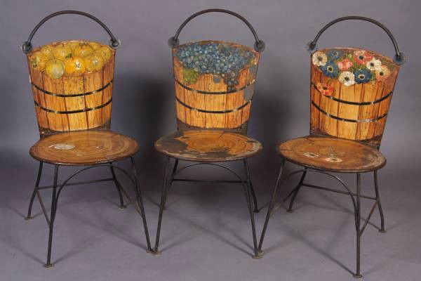 Three John Vesey Trompe L'Oeil Decorated Metal Chairs: Set of three trompe l'oeil decorated metal chairs. Designed by John Vesey. Condition: The paint is worn and chipped overall.