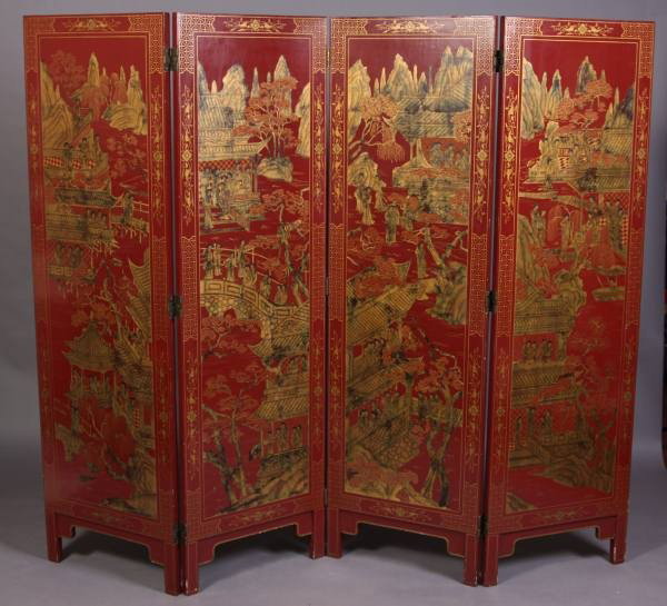 Red Lacquer and Gilt Decorated Screen, Chinese, 19th C.: Red lacquer and gilt decorated four panel floor screen. Chinese, 19th century. Height 64", each panel width 19 1/4".