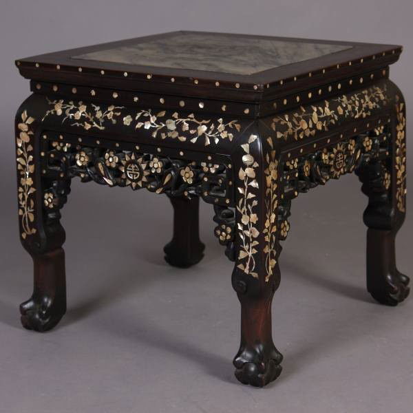 Hardwood Abalone Inlaid and Marble Top Table, Chinese: Hardwood abalone inlaid and marble top table. Chinese, 20th century. Height 15 ½", width 16 ½", depth 16 ½". Condition: With losses to the abalone.