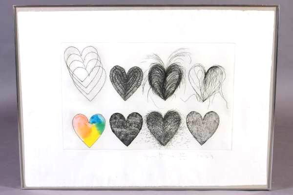 Jim Dine (American, B. 1935), "Eleven Hearts", 1969: Jim Dine (American, born 1935). "Eleven Hearts". Etching and watercolor, 13 ½" x 21 ½". Pencil signed, numbered "34/56". Dated 1969. Provenance: Gertrude Kesle Gallery, Detroit. Condition: The edges