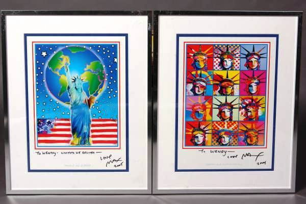 Peter Max (American, B. 1937), Two Signed Offset Prints: Peter Max (American, born 1937). "Liberty And Justice For All" and "Peace On Earth". Two offset prints, each 12 1/2" x 9". Each signed by the artist and dated "2004" and "2005".