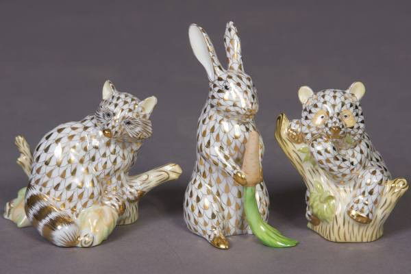 Three Herend Porcelain Gilt Animals, Hungarian, 20th C.: Three Herend porcelain gilt animals. Hungarian, 20th century. A rabbit, fox, and bear cub. Rabbit height 4". Condition: Appears fine.