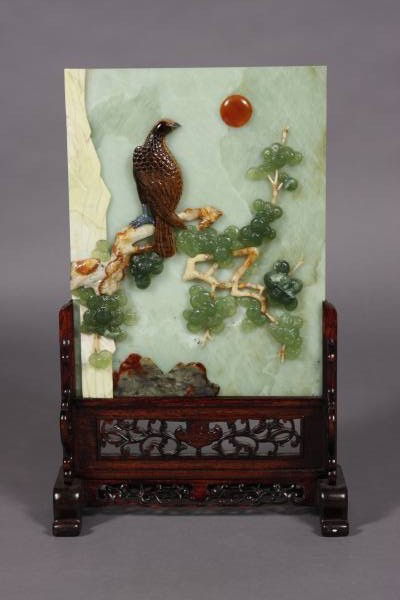 Tablet Screen, Carved Green Jade & Hard Stone, Chinese: Tablet screen. Chinese, 20th century. Carved green jade and hard stone, 13" x 10". With a bird amidst branches. In hardwood stand. Condition: Appears fine.