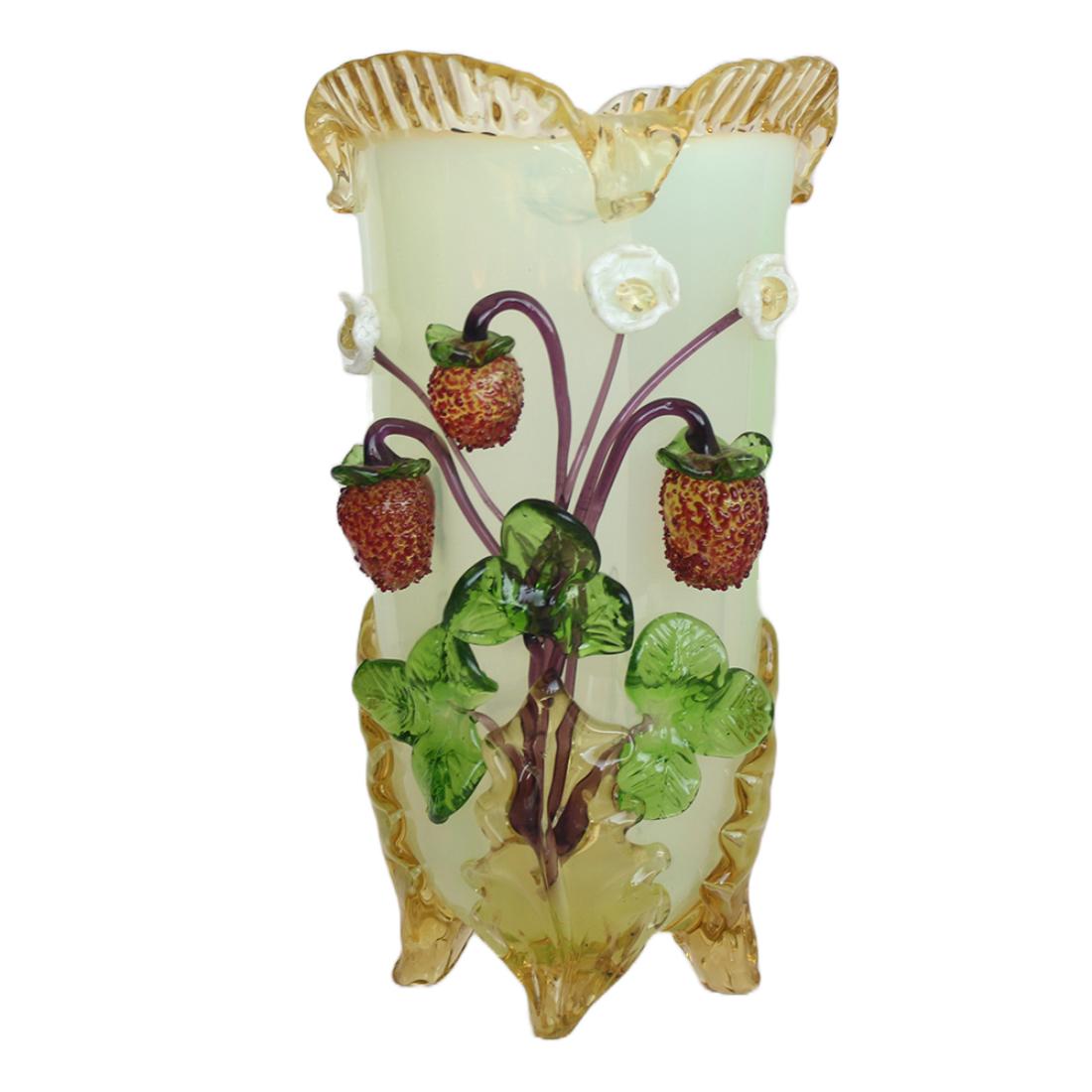 Stevens and Williams, Opalescent Art Glass Vase: Stevens and Williams (English, established 18th century). Glass. Height: 10 1/2", Diameter: 5 3/4". Opalescent art glass vase by Stevens and Williams. Decorated with glass strawberries and blossoms, t