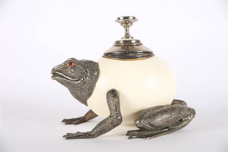 Attrib. to Anthony Redmile, Ostrich Egg Toad Box: Anthony Redmile (English, 20th century). Ostrich egg, silver plate, mother of pearl, c. 1970s. Height: 7 1/4", Length: 9 1/2", Depth: 7". Attribted to Anthony Redmile, silver plated toad box with an o