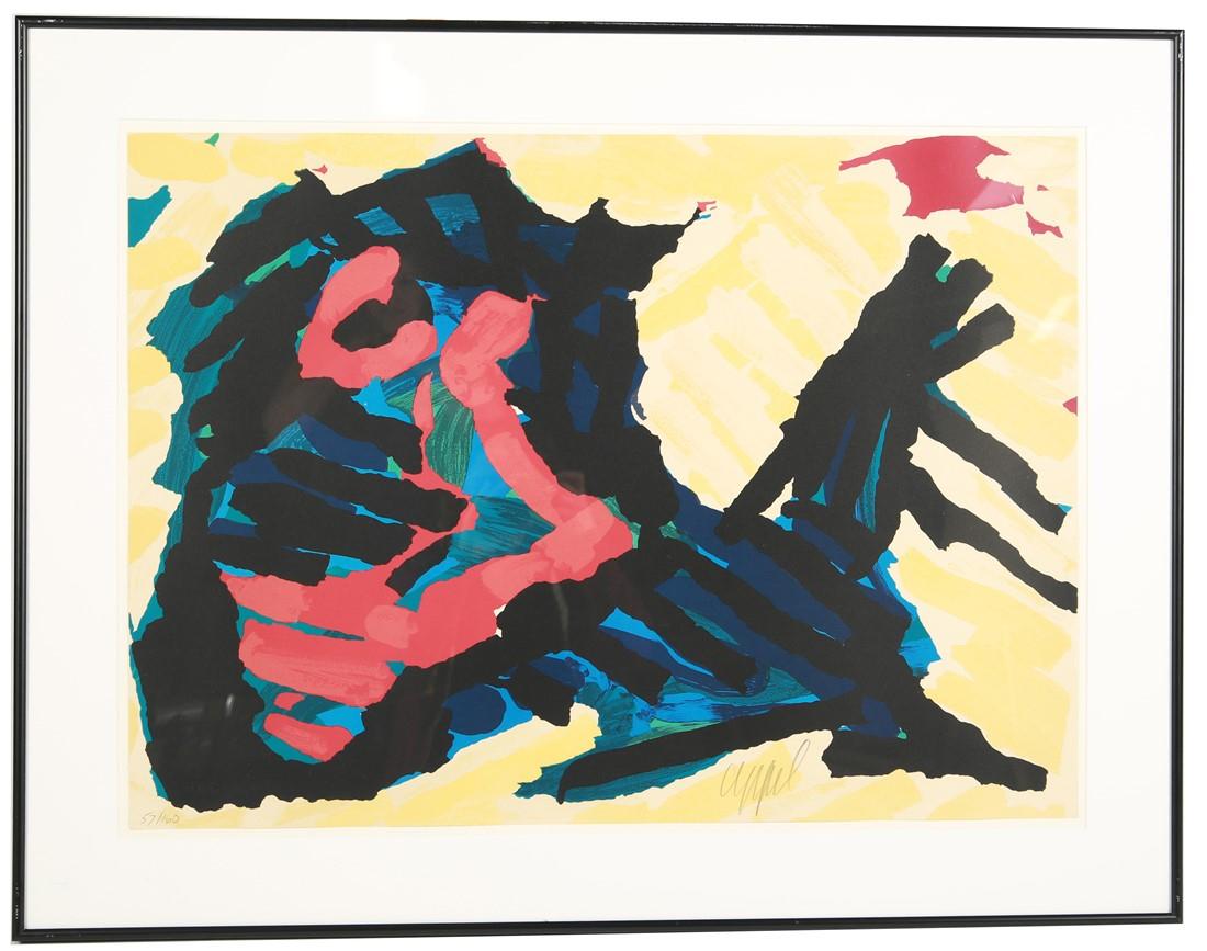 Karel Appel (Dutch), "Running Horse": Karel Appel (Dutch, 1921-2006). "Running Horse". Lithograph. Edition: 57/100. Frame: 28 1/4" x 36 1/4". Paper: 21" x 29 1/4". Lithograph depicting an abstraction of a running horse by CoBrA artist Kar