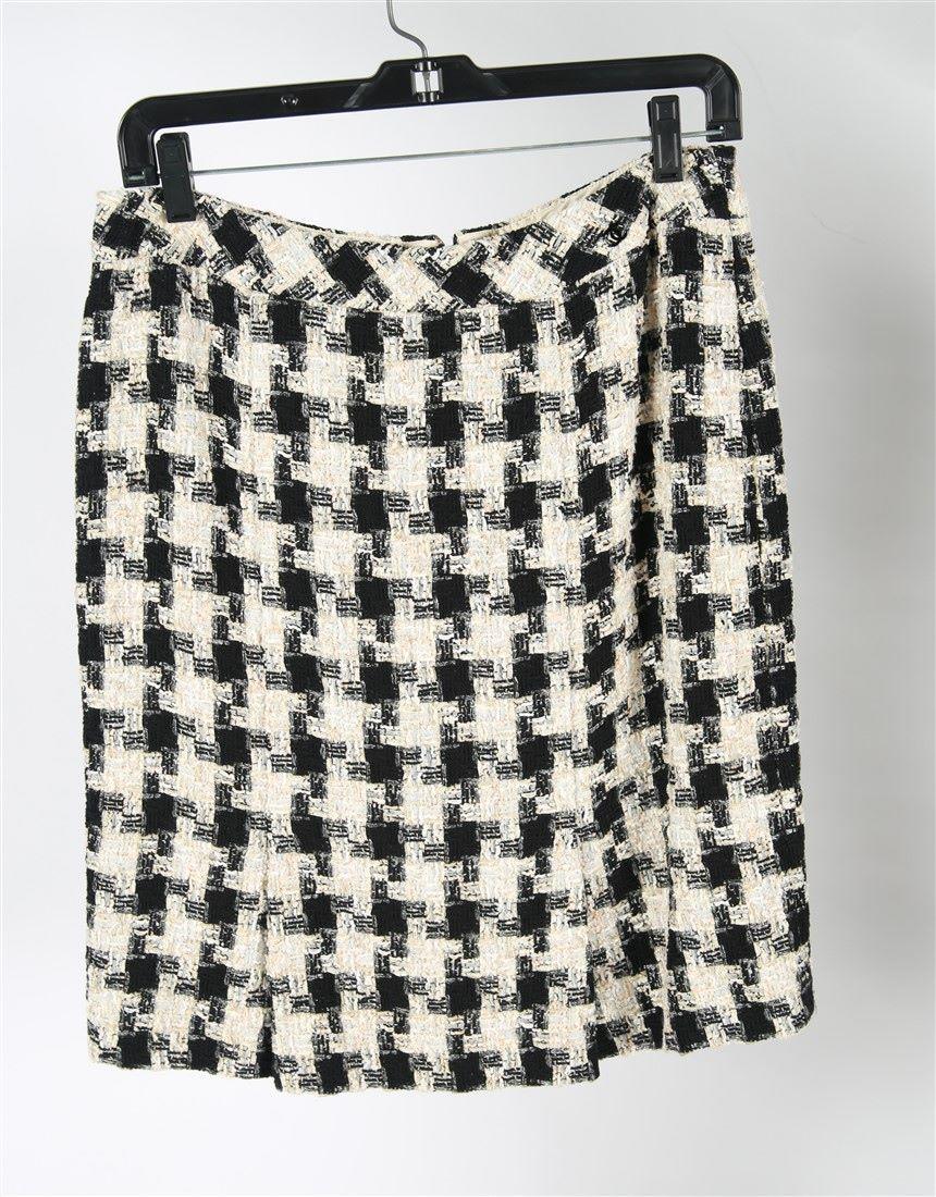 Chanel, Tweed Houndstooth Pencil Skirt: Chanel (French, established 1910). Cotton, polyester, nylon. Silk lining. c. 2000s. Size: 38. Cream, tan, and black tweed pattern pencil skirt. Silk lining.