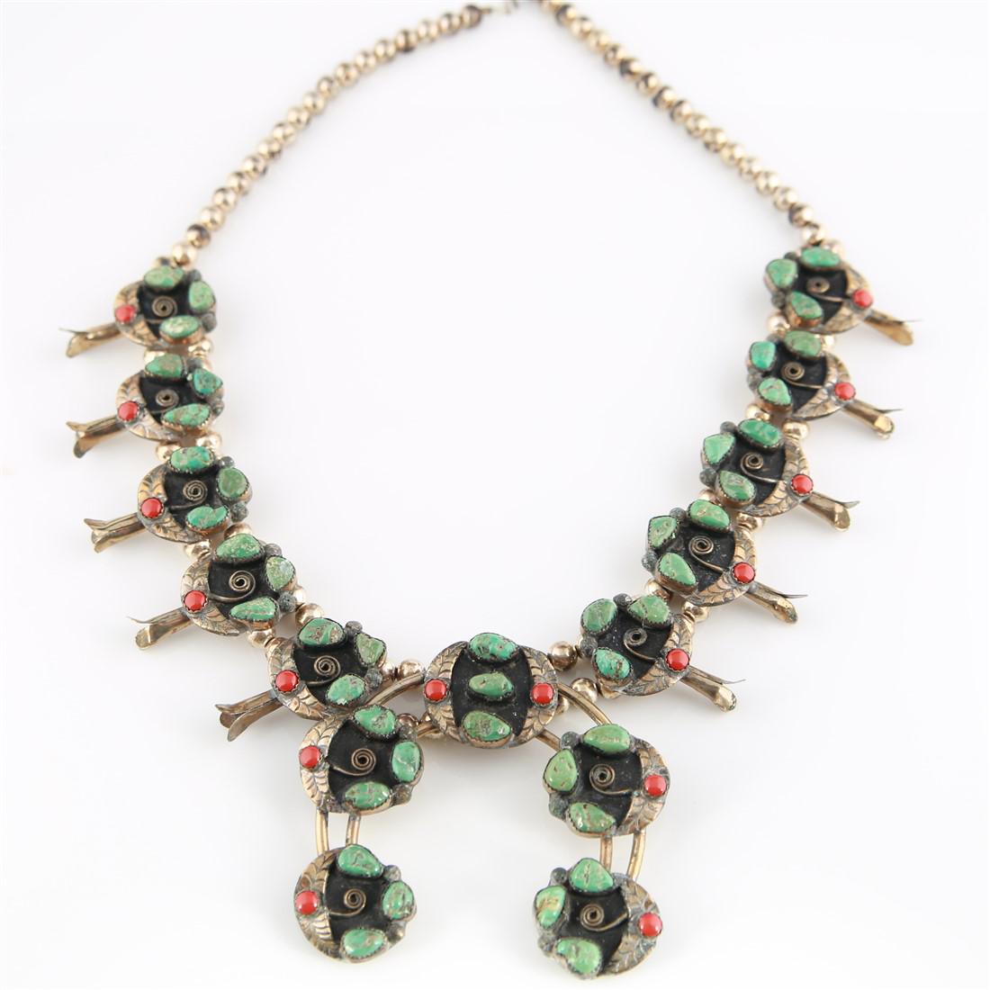 Silver, Turquoise, Coral Squash Blossom Necklace (1 of 6)