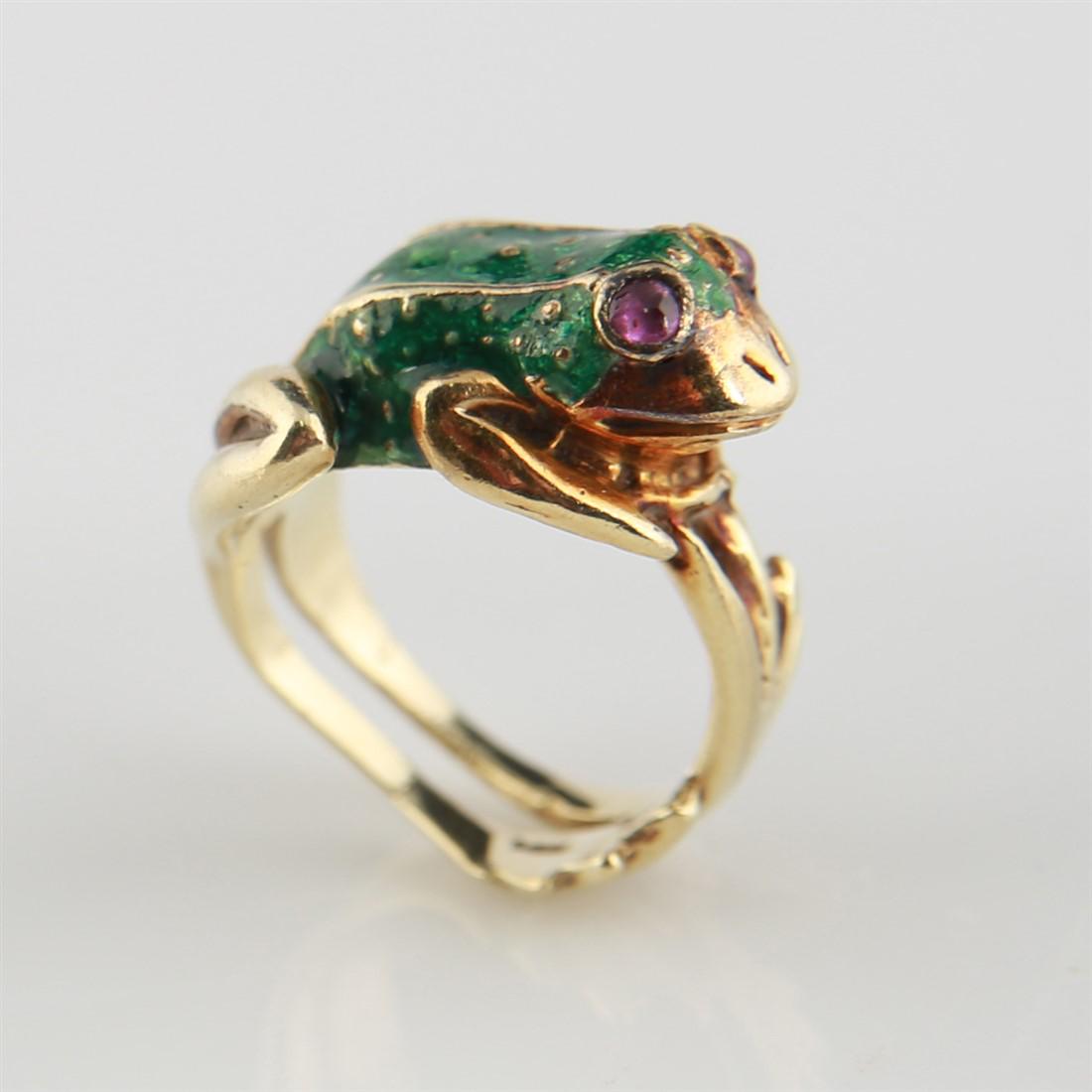 14k Yellow Gold Enamel Frog Ring, Cabochon Eyes (1 of 6)