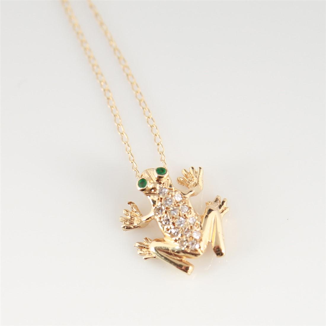 14k Yellow Gold, Diamond, Emerald Frog Necklace (1 of 5)