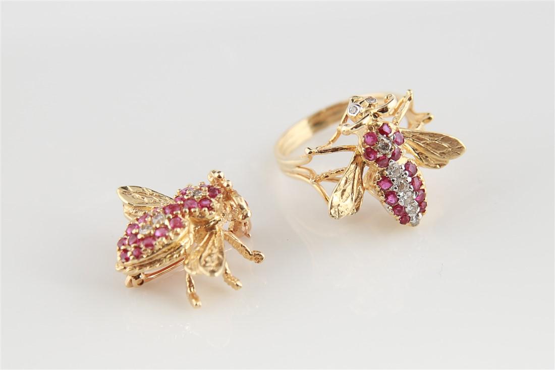 14k Yellow Gold, Ruby, Diamond Bee Pin and Ring (1 of 6)