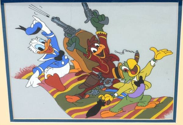Walt Disney Prod. Animation Cell of "3 Caballeros": Walt Disney Productions animation cell. Depicting Donald Duck, Jose Cabioca and Poncho Pistoles. From "The Three Caballeros". 8" x 10".