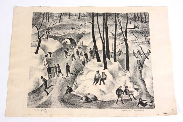 Mildred Emerson Williams (Detroit), "Winter Sport": Mildred Emerson Williams (Detroit, 20th century). "Winter Sport". Lithograph. Pencil signed lower right, titled lower left. Numbered "10/25". 10" x 11 7/8".