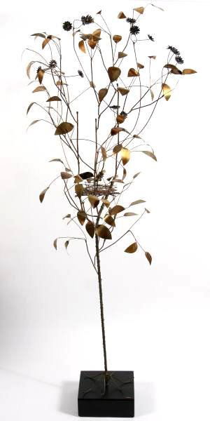 Curtis Jere Metal Tree With Bird and Nest, 20th C.: Curtis Jere sculpture of tree with bird and nest. American, 20th century. Made of patinated metal. Signed and dated " '86". Height 65", width 26".