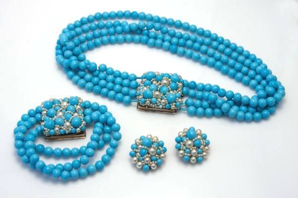 A Coppola e Toppo Aqua & Faux Pearl Suite: A Coppola e Topo suite made of aqua glass beads and faux pearls. Italian, 1950's. The choker style necklace with four strands of aqua glass beads secured by a square clasp covered in graduated faux pe