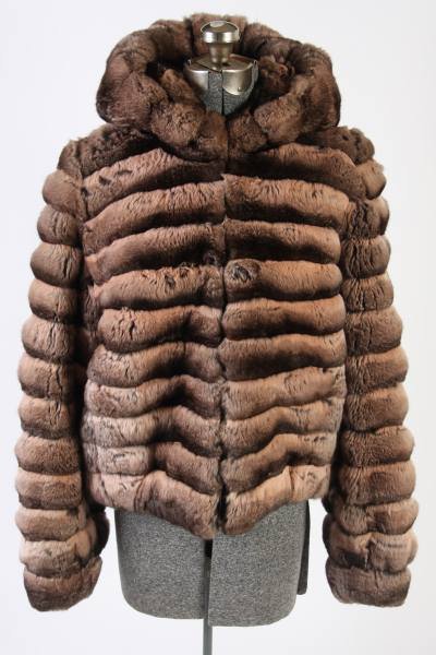 Women's Pink Dyed Chinchilla Fur Jacket: A women's short jacket made of pink dyed chinchilla fur. 20th century. Having a hood. Size large, 12-16.