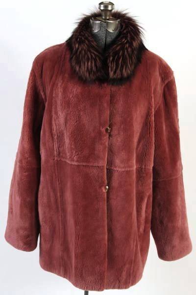 Woman's Coral Sheared Beaver Jacket With Fox Trim: A woman's jacket made of coral dyed sheared beaver fur. 20th century. Trimmed in fox fur. Women's size large, 12-16.
