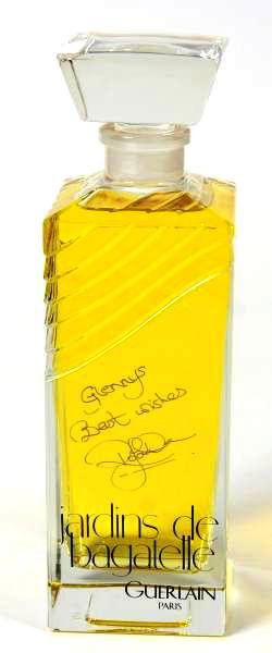 Guerlain Factice "Jardins" Perfume Bottle, Signed: Factice "Jardins et Bagatelle" perfume display bottle made by Guerlain, Paris, France, 20th century. Bottom marked "Guerlain, Paris" and "Copyright 1982". Signed "To Glennys, Best Wishes, S---". Heigh