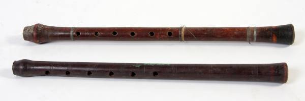Pair of Wood Flutes, Possibly Middle Eastern: A pair of flutes made of carved and varnished wood. Possiby Middle Eastern. Longest length 15 1/2".