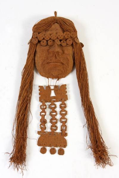 Decorative Burlap Mask, Possibly Native American: A figural mask made of braided and formed burlap. Possibly Native American, probably 20th century. With long hair, breast piece and head band. Width 7", length 22".