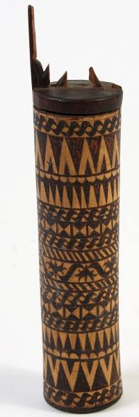 Traditional Bamboo Dayak Container, Borneo: A traditional Dayak container. Borneo, probably 20th century. Traditionally used to hold blow gun darts. Made of bamboo with black accents. Length 8", diameter 2".