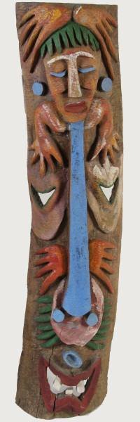 Pair Large Polychrome Decorative Display Masks: A pair of large carved hard wood decorative display masks. Polynesian, made after 1960. Decorated in auzure, rust, green, and yellow polychrome. Made for Western taste. Larger length 48 1/2", width 11