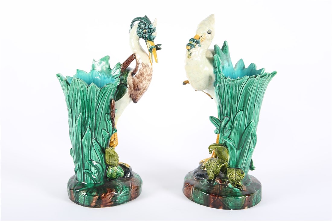 Pair of Majolica Crane or Stork Vases (1 of 4)