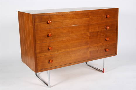 Gilbert Rohde for Herman Miller, 3323 Chest: Gilbert Rohde (American, 1894-1944). White holly, peroba, Bakelite, chrome-plated steel, 1933. Designed for Herman Miller. Model: 3323. Height: 33", Length: 44", Depth: 19 3/4". Four-drawer women's dr