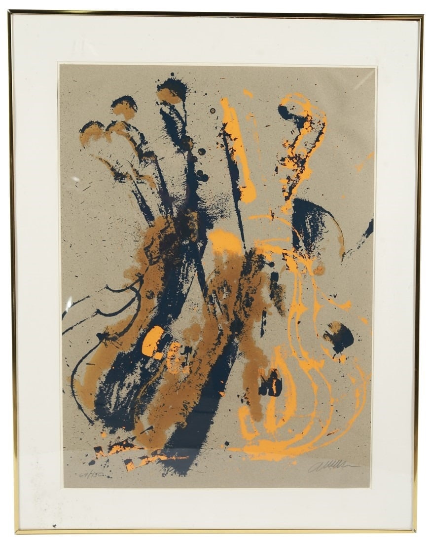 Arman (French-American), "Grey Mood": Fernandez Arman (French-American, 1928-2005). "Grey Mood". Serigraph, 1978. Edition: 69/150. Sight: 29 1/2" x 21 3/4". Frame: 36 1/4" x 28 1/2". Serigraph by French-American artist Arman depicting a s