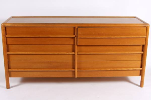 T.H. Robsjohn-Gibbings Walnut Chest, Height 33": T.H. Robsjohn-Gibbings walnut chest. Made by Widdicomb, 20th century. Rectangular with two banks of three drawers. Height 33", width 69", depth 21".