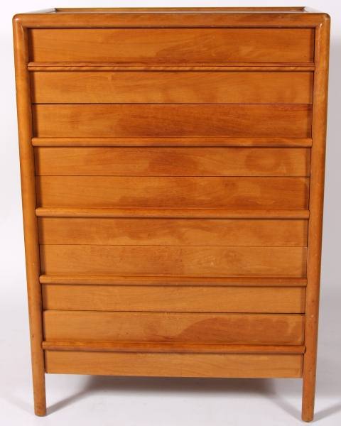 T.H. Robsjohn-Gibbings Walnut Chest, Height 50": T.H. Robsjohn-Gibbings walnut chest. Made by Widdicomb, 20th century. With six drawers. Together with a walnut frame Widdicomb mirror. Mirror 33" x 34". Chest height 50", width 35", depth 20 1/2".