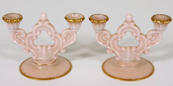 Pair Pink Pressed Glass 2-Light Candelabrum: Pair pink pressed glass two light candelabrum. American, early 20th century. Height 5 1/2", width 7 1/2".