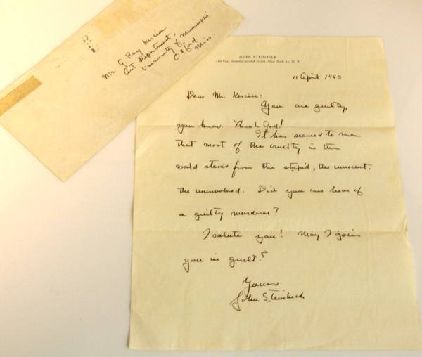 John Steinbeck Autographed Letter, 1963: John Steinbeck autographed letter. Written on personal stationary and dated "April 11, 1963". The letter reads: "Dear Mr. Kerciu: You are guilty you know. Thank God! It has seemed to me that most of t