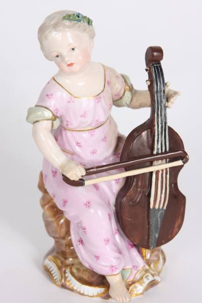 Meissen Porcelain Maiden with Cello, German: Meissen porcelain figure. German, late 19th or early 20th century. Seated maiden with a cello. Height 4 1/2".